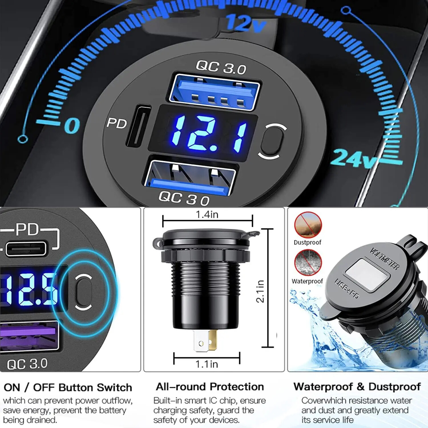12V-24V PD + QC3.0 Dual USB Car Fast Charger Power Socket Outlet LED Voltmeter