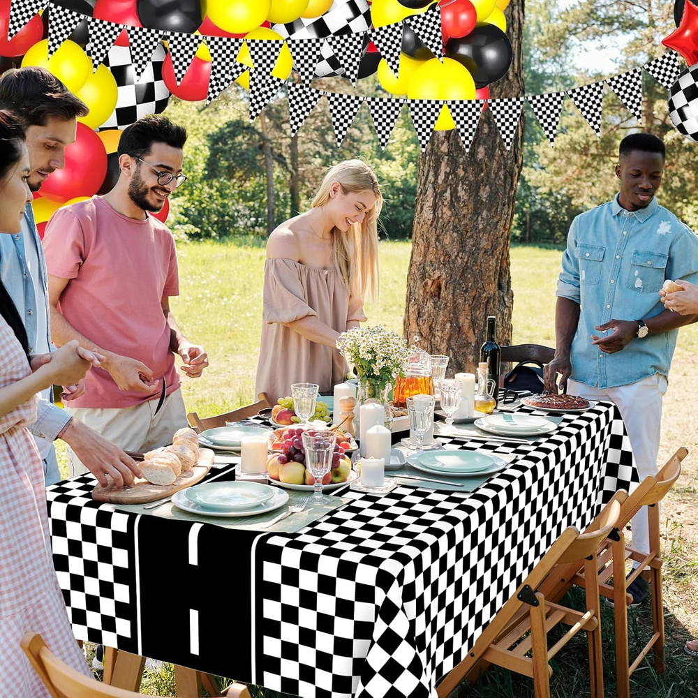 4 Pack Mixed Racing Car Plastic Rectangular Tablecloths, Black and White Checker