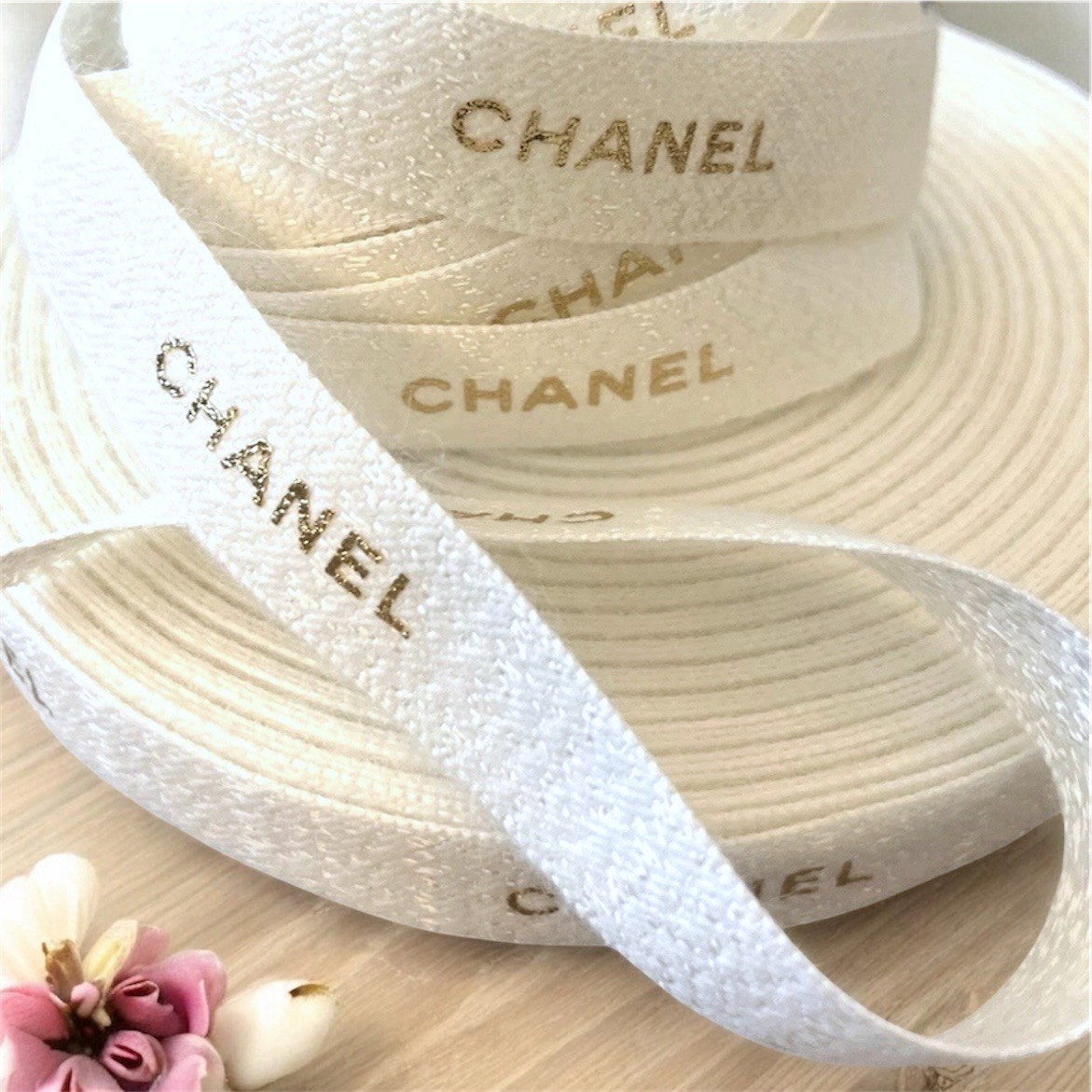 Chanel White & Metallic Gold Gift Wrap Ribbon Size: 5 Yard / 15 Feet