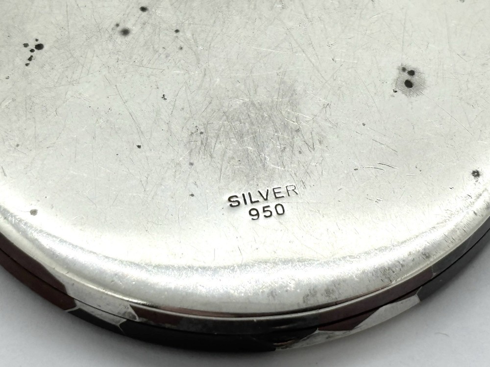 Vintage 950 grade Solid Silver Niello Compact Mirror Case - geometric pattern