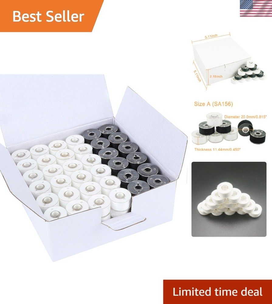144 Count Prewound Bobbin Thread Set - 96 White & 48 Black, Machine Washable