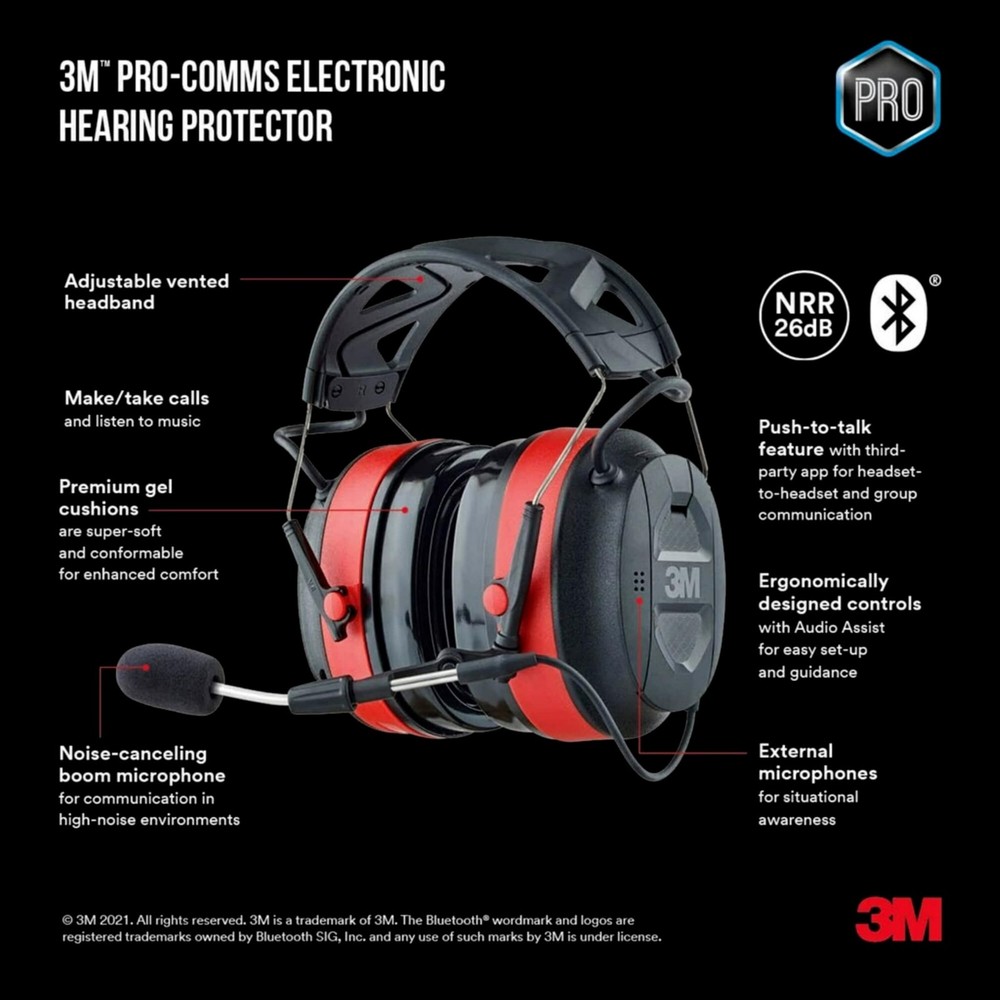 3M Pro-Comms Electronic Hearing Protector, Wireless Pro-Comms, Black/Red