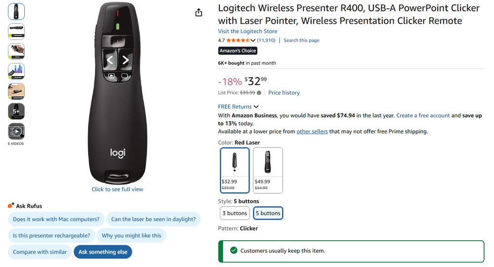 Logitech Wireless Presenter PowerPoint Clicker with Laser Pointer Remote