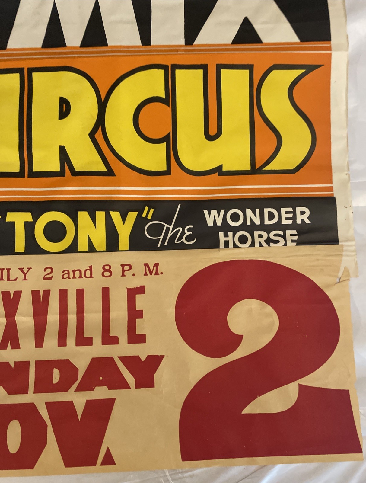 Vintage 35.5x21 Inch Tom Mix Circus Poster “Tony” The Wonder Horse Knoxville Ten
