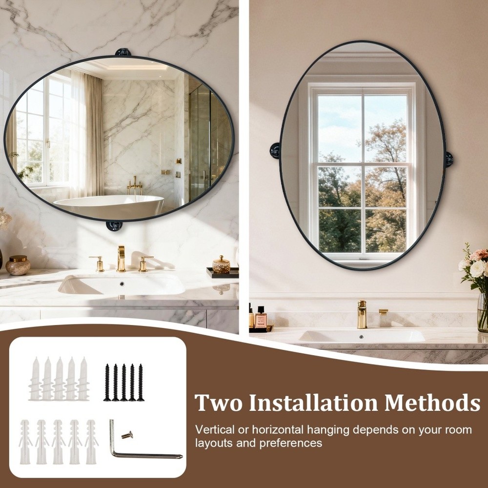 Matte Black Pivot Oval Mirror Wall Bathroom Mirror Tilting Horizontal / Vertical