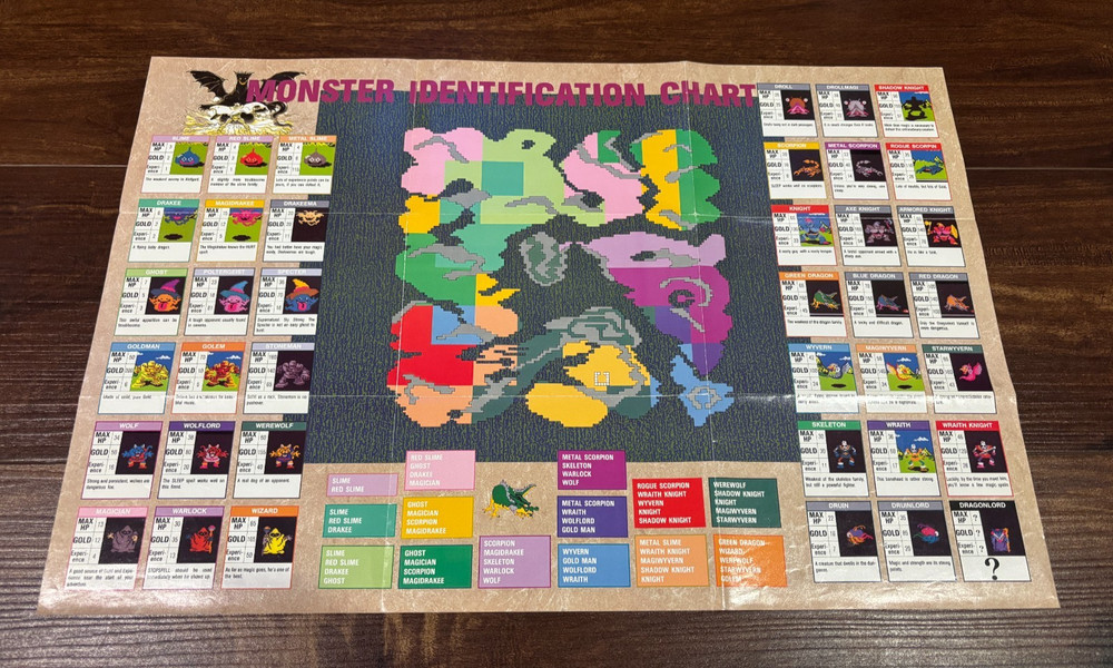 Dragon Warrior Map Poster Monster Chart Insert Nintendo NES Manual Only
