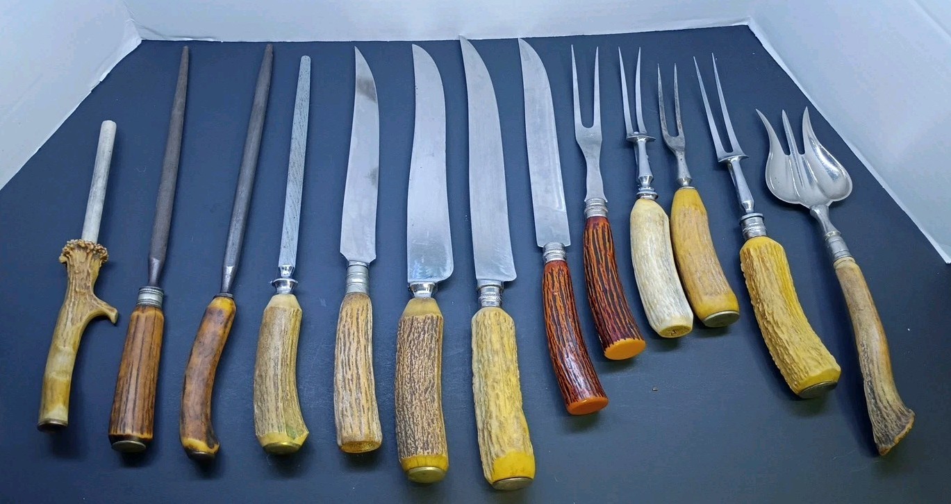VINTAGE STAG HANDLE MIXED KITCHEN CARVING UTENSILS LOT