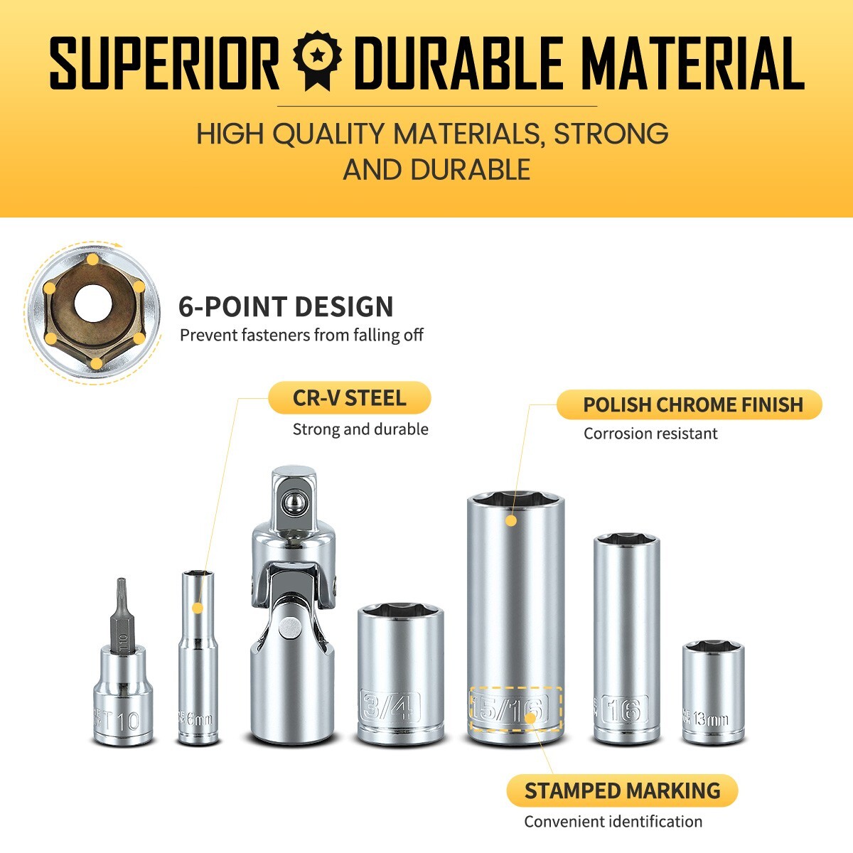 BOEN 225PCS Mechanic Tool Set, 1/4" & 3/8" & 1/2" Drive Socket Wrench Set