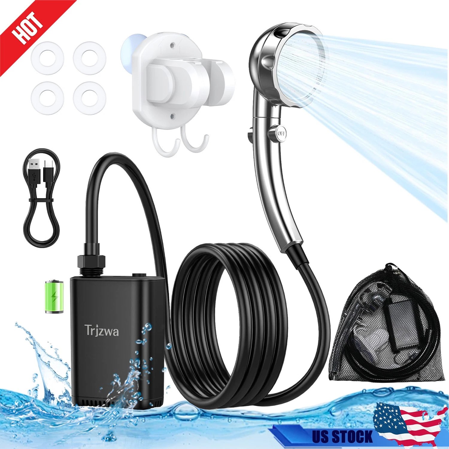 Portable Camping Shower Rechargeable Pump with Adjustable Shower Head Outdoor