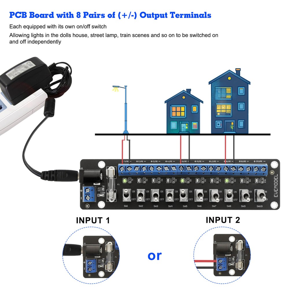 Evemodel 3V-24V DC Individual Toggle Switch Power Distribution Module 10 Channel