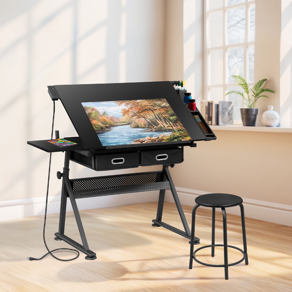 Adjustable Drafting Drawing Tiltable Table & Stool w/ 2 Drawers & Outlet Black