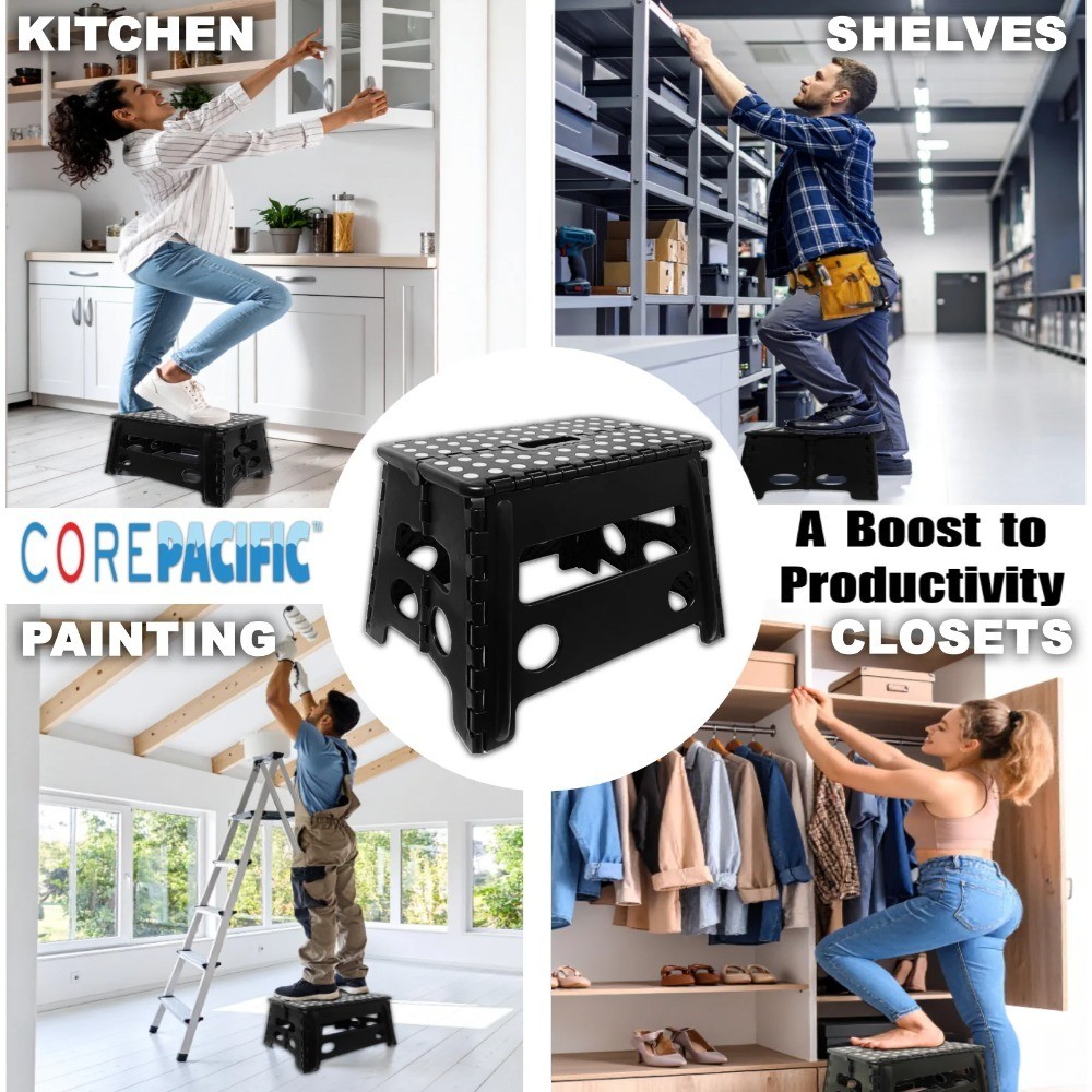 Extra Wide Folding Step Stool Black 12.7 inch with Non-Slip Surface