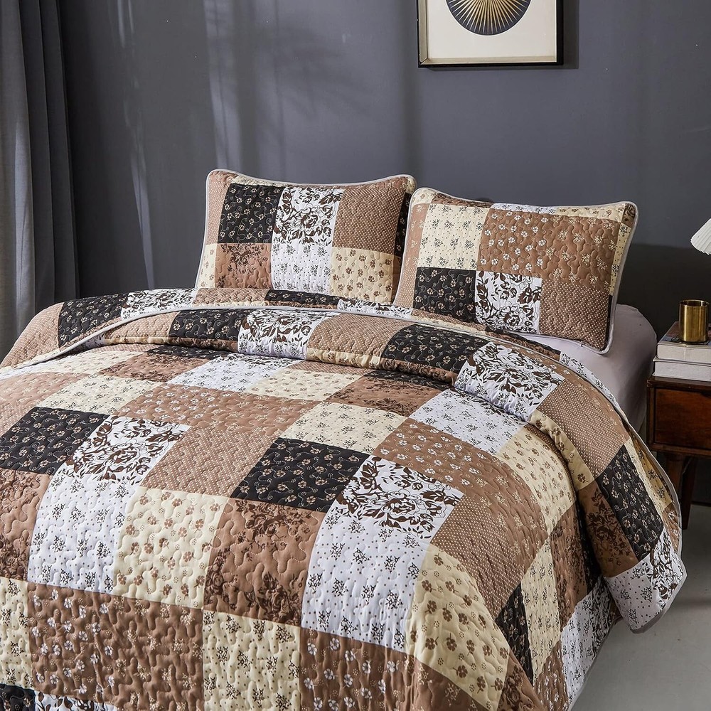 Luxurious Khaki Patchwork Quilt Set - King Size, Reversible & Machine Washable