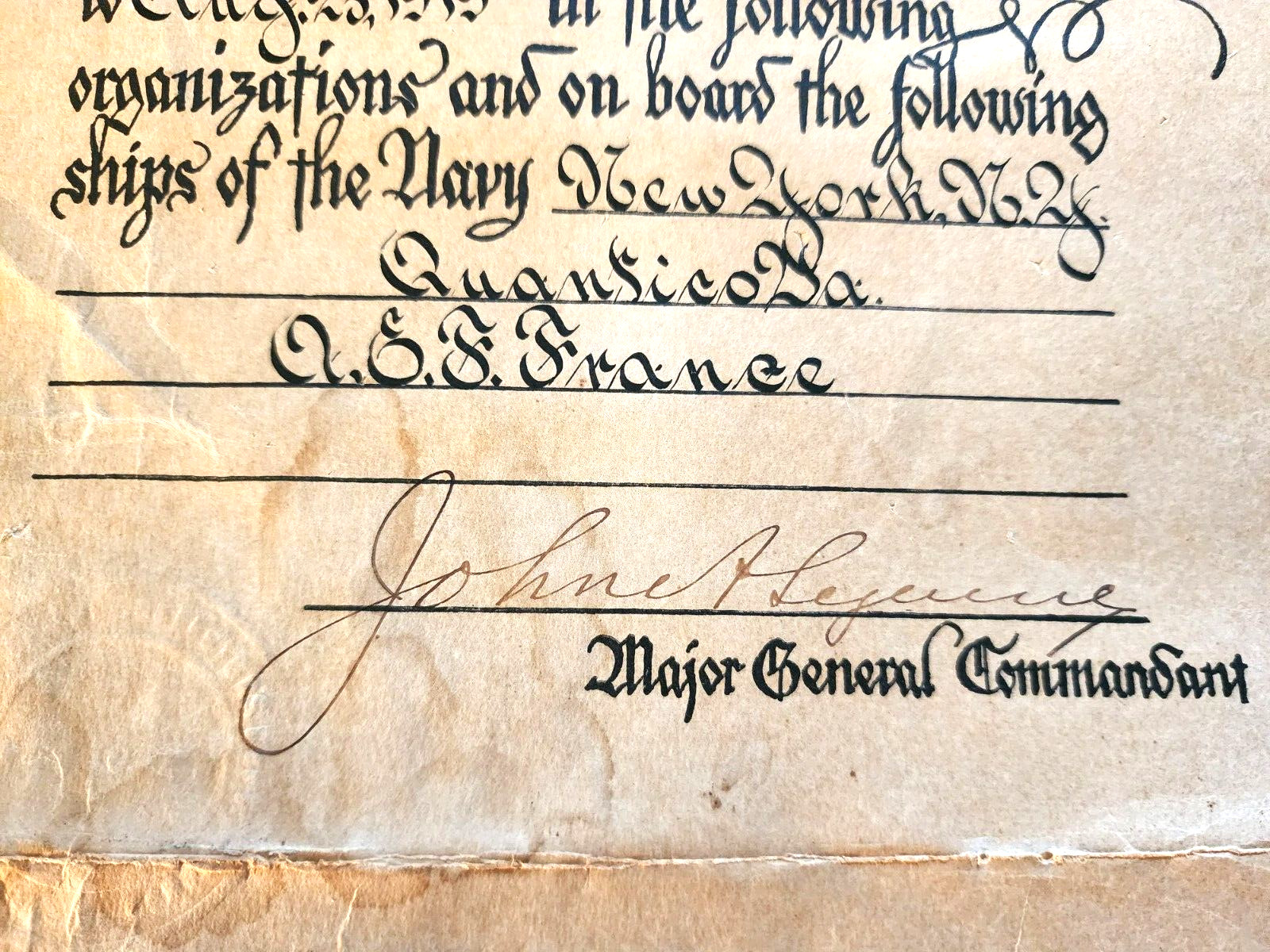 WWI 1917-19 USMC MARINE CORPS SERVICE CERTIFICATE AEF FRANCE JONH LEJEUNE SIGNED