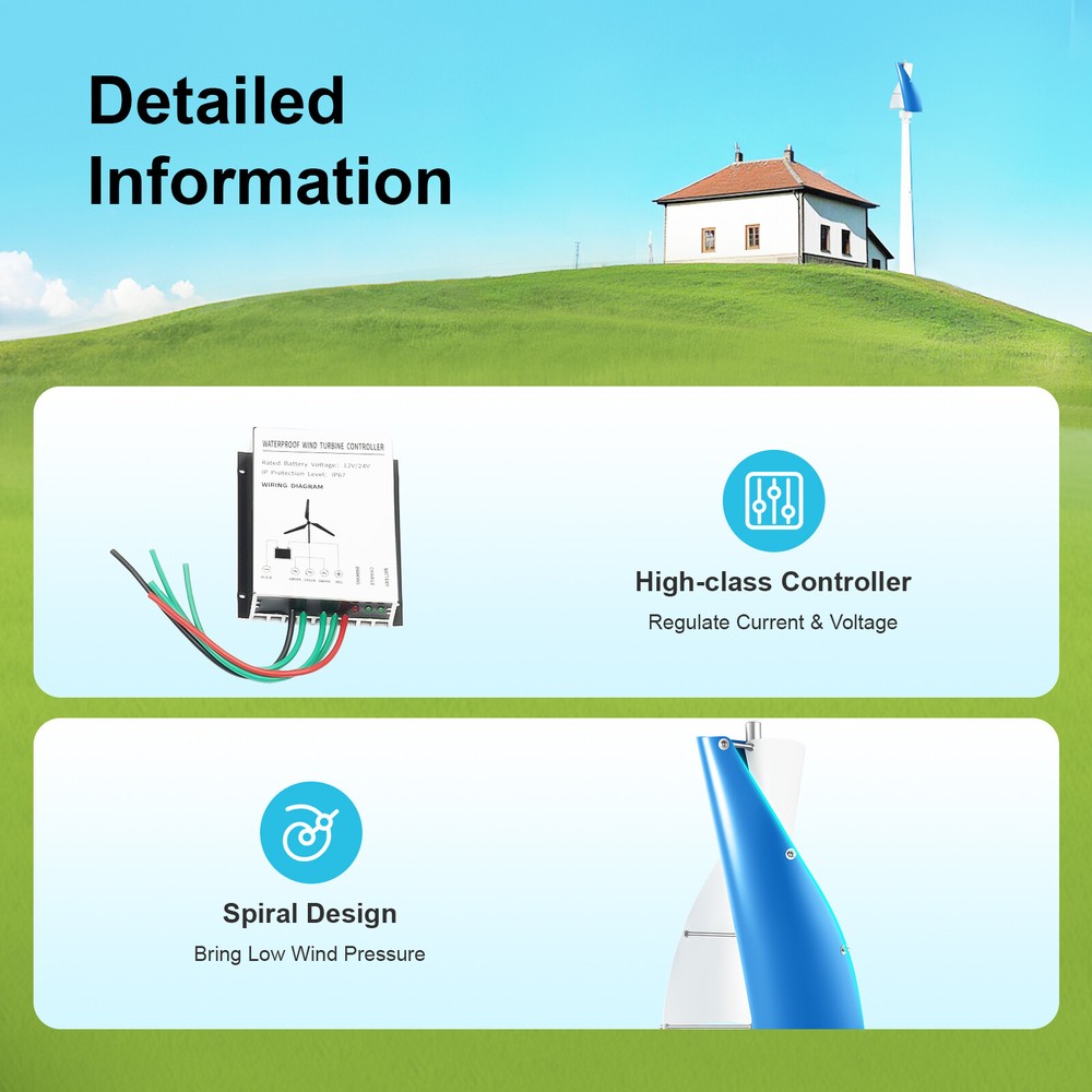 100W Vertical Axis Wind Turbine Generator with Smart Controller for Home Use