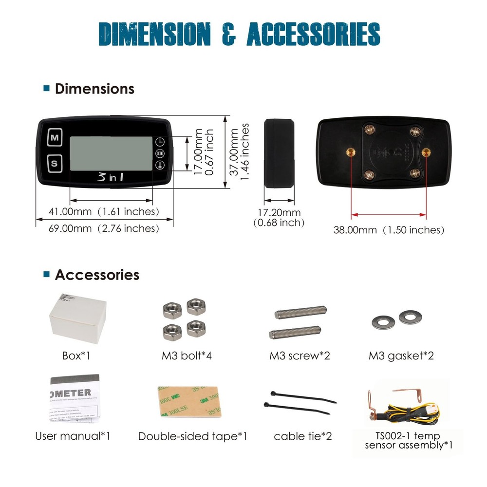 RL-HM035T-TS002 Digital Engine Temp Gauge Hours Tachometer, Backlight Display...
