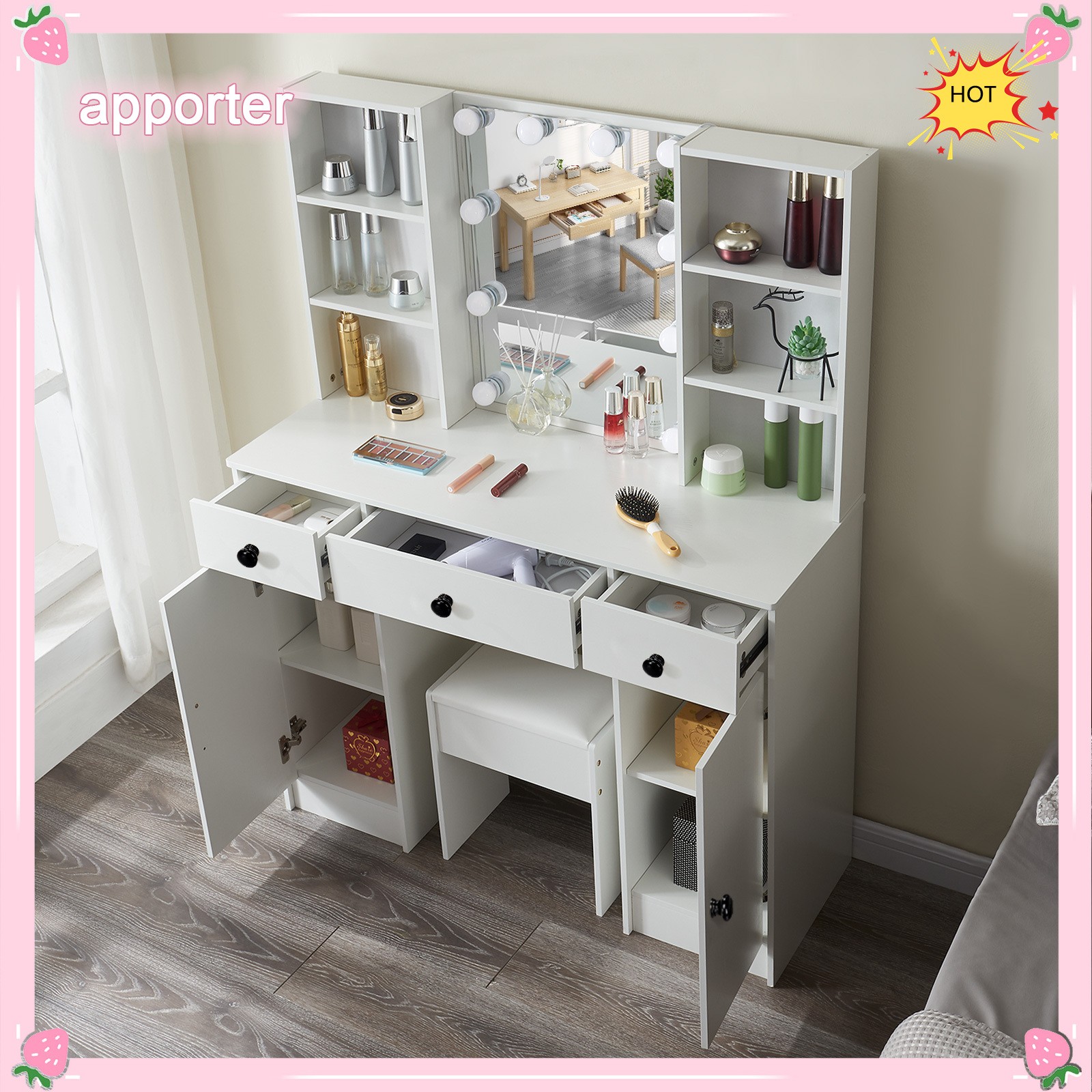 Large Dressing Table 5 Drawer Makeup Desk Dresser w/ LED Mirror and Stool