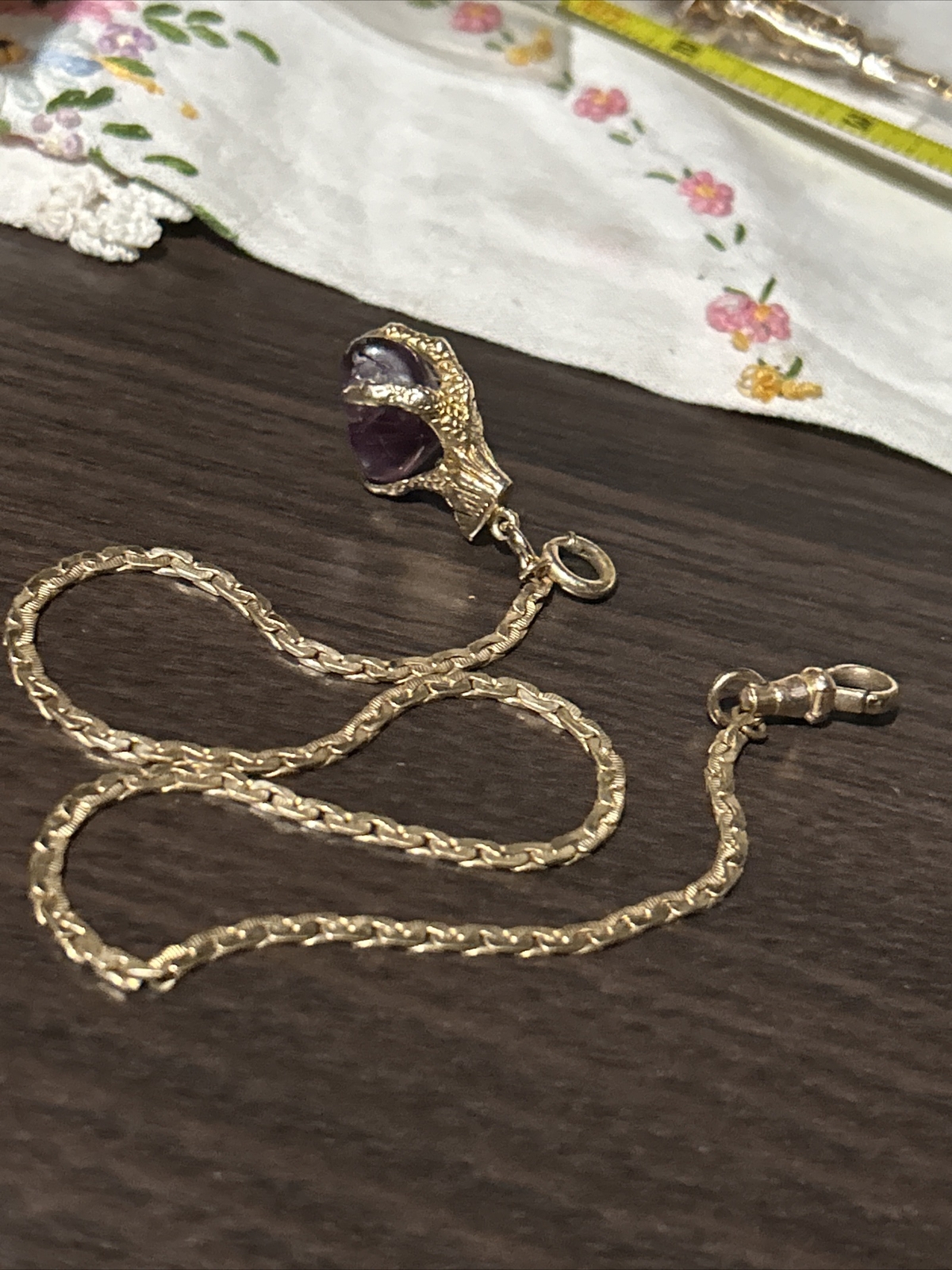 Vintage 9ct Solid Gold Amethyst Dragon Claw Fob Pendant SP Gold Filled 14” Chain