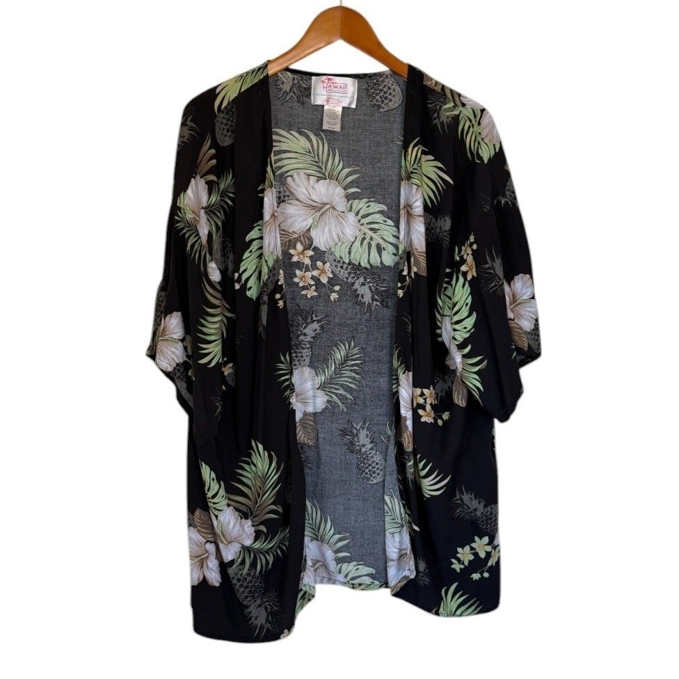 Hawaii Hangover Kimono Women 3XL Black Floral Pineapple Vacation Summer