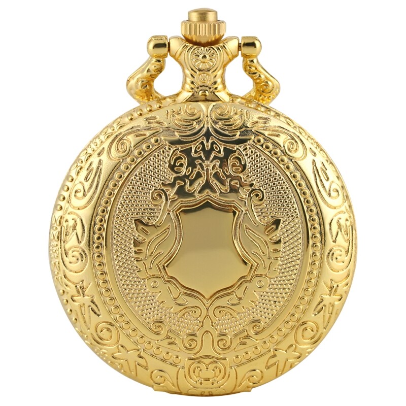 Gold Shield Case Men's Quartz Analog Pocket Watch with Chain Luxury Gifts