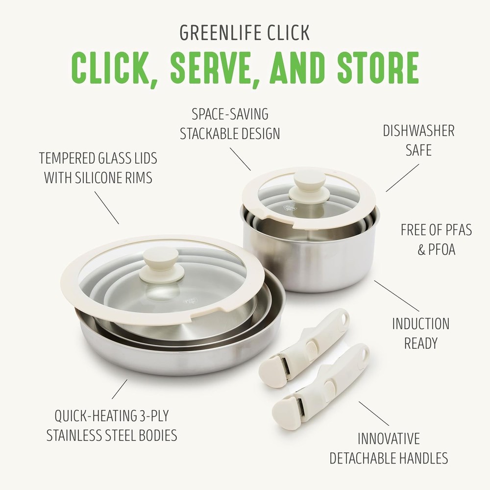 10 Piece Stainless Steel Pots & Pans Detachable & Stackable Kitchen Set Cookware