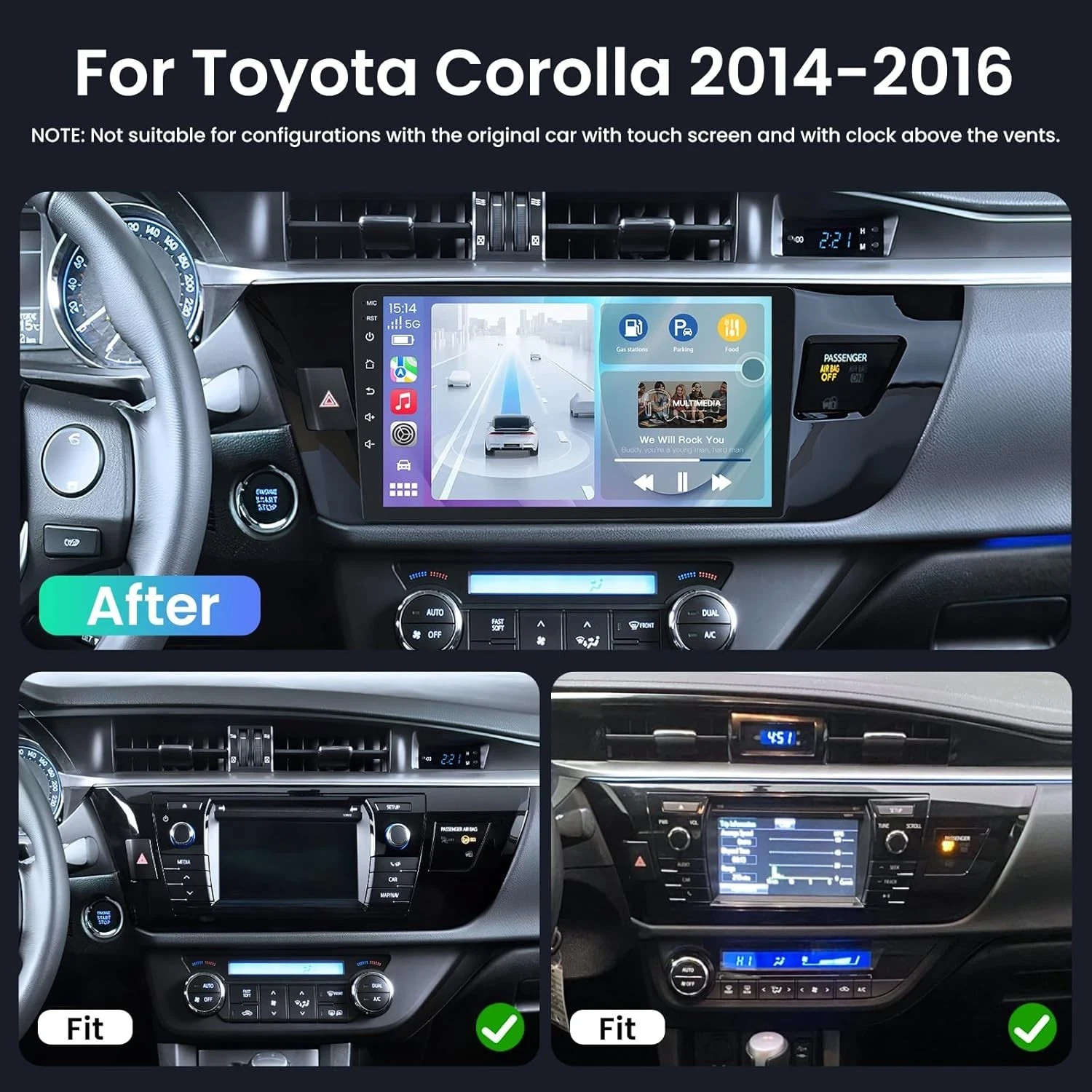 Apple Carplay For Toyota Corolla 2014-2016 Car Stereo Radio Android 14 GPS WIFI