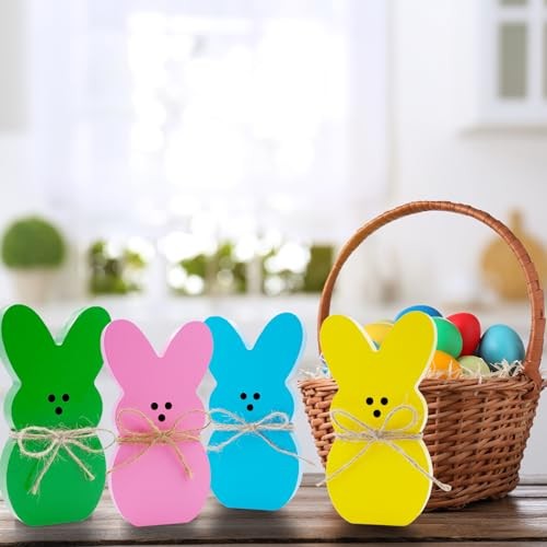 Easter Decorations 4PCS Easter Wooden Bunny Table Pink/Yellow/Blue/Green