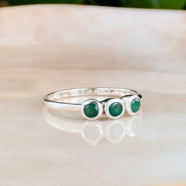 Ring Silver 925 Emerald Stackable Sterling Solid Gemstone Genuine Band Jewelry