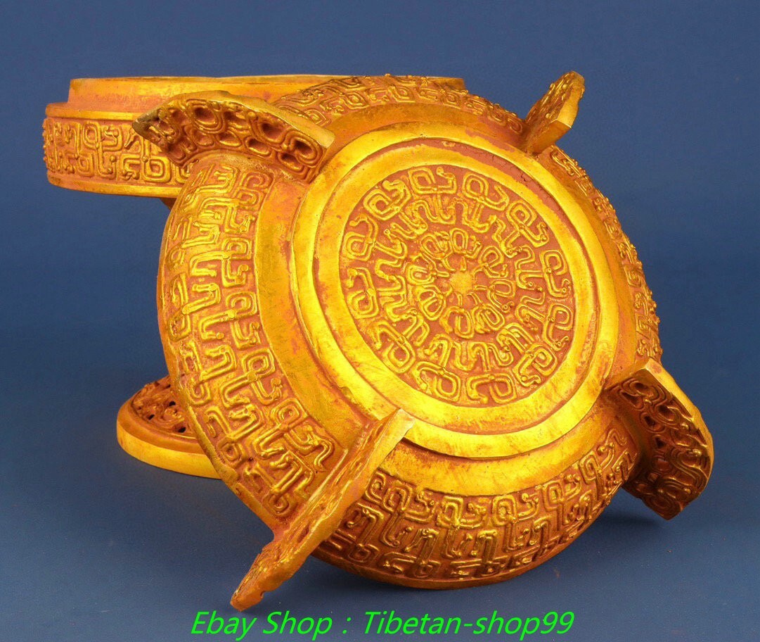 9.4''Old Dynasty Bronze Ware Gilt Inscription Hollow out Incense Burner Censer