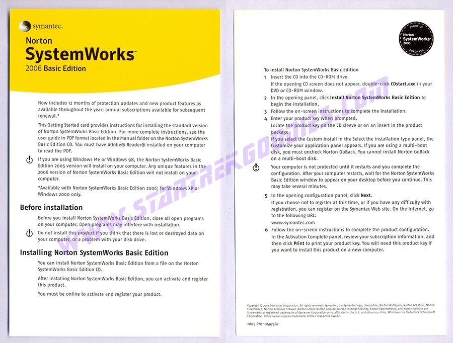 Symantic NORTON SYSTEMWORKS 2006 Basic Edition w/CD, User Guide & Product Key!