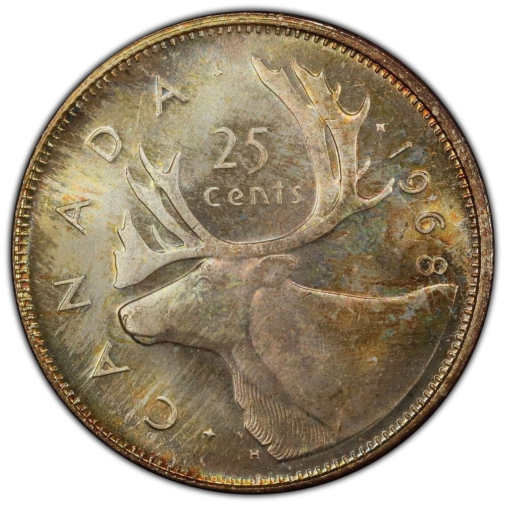 1968 Canada 25C Silver Quarter PCGS MS65 Rainbow Toned Moose
