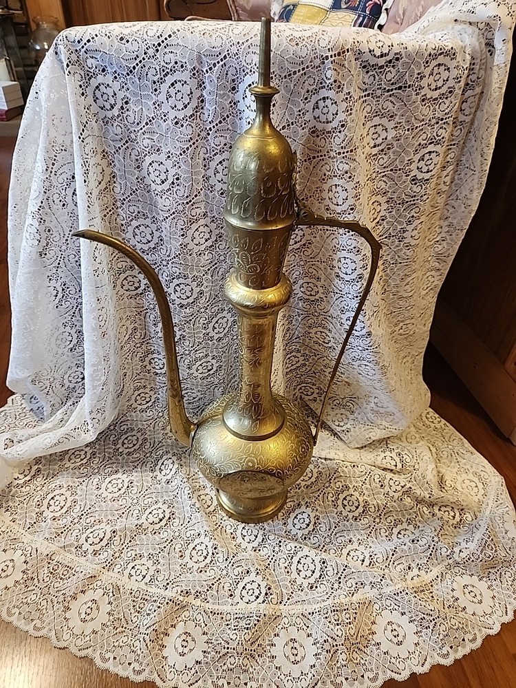 Large Etched Antique Middle Eastern Solid Brass Tea Coffee Pot Pitcher Vase 18IN