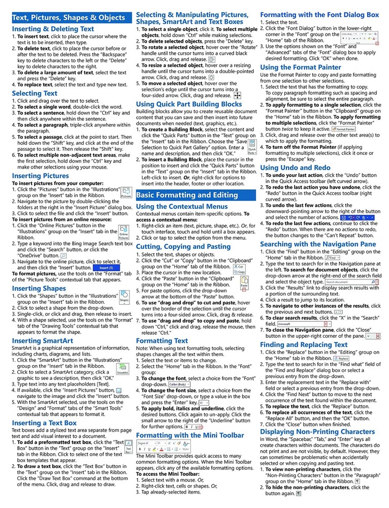 Word 2019 Training Guide Quick Reference Card 4 Page Cheat Sheet Instructions