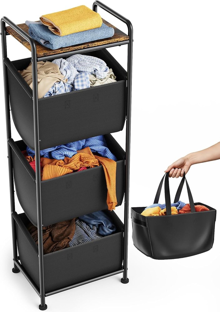 Vertical Laundry Sorter 3 Section W/ Shelf Laundry Hamper W/ Removable Bag 120 L