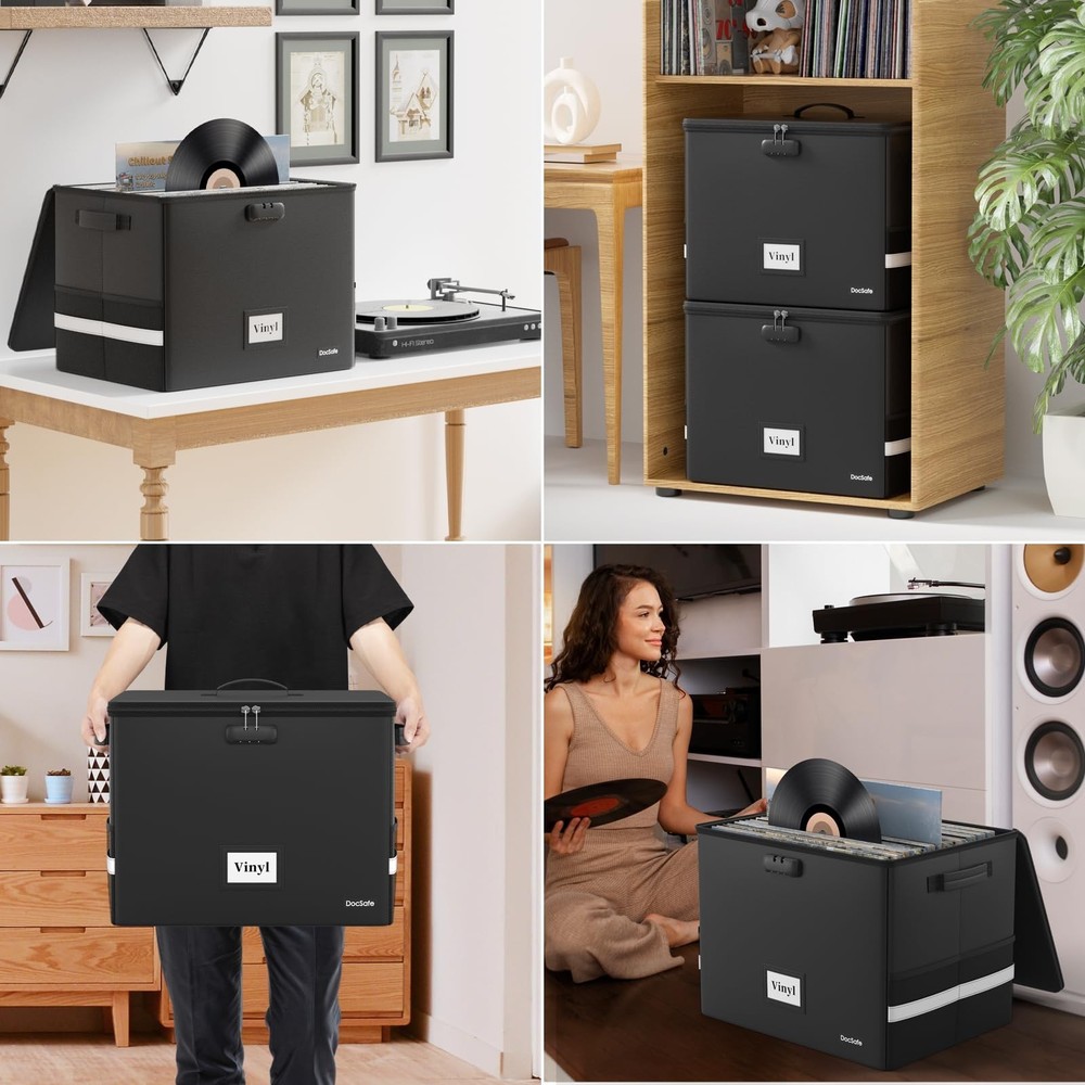DocSafe Fireproof Vinyl Record Storage Box with Lock,Large Record Organizer S...