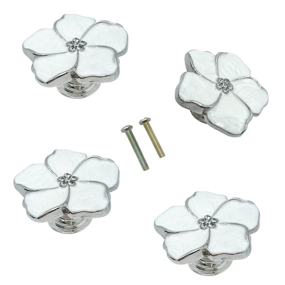 4pcs White Flower Petal Handles Kitchen Cabinet Drawer Knobs & Pulls (Silver,...