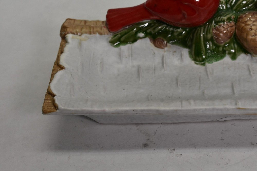 Holiday Serving Tray Cardinal Red bird Pine Cone & Snow Ceramic Rectangular Dish