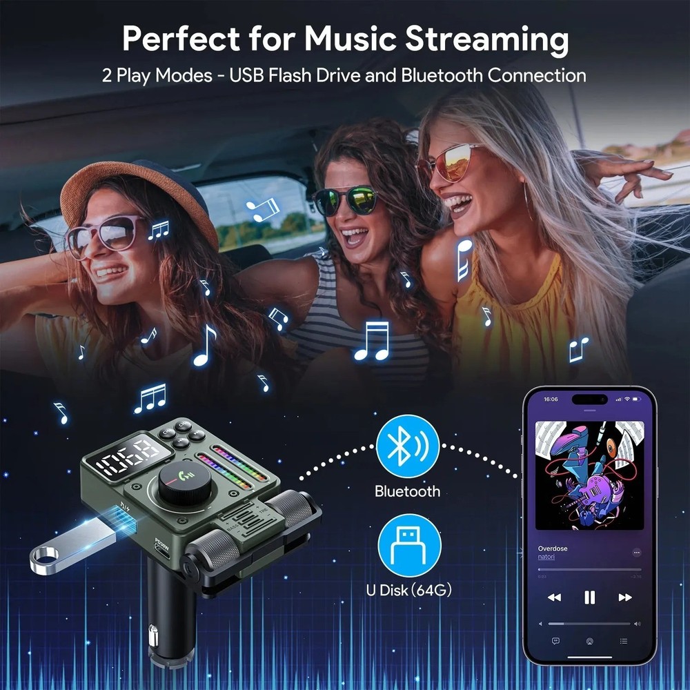 LENCENT Bluetooth 5.3 FM Transmitter for Car Adjustable Treble and Bass Sound