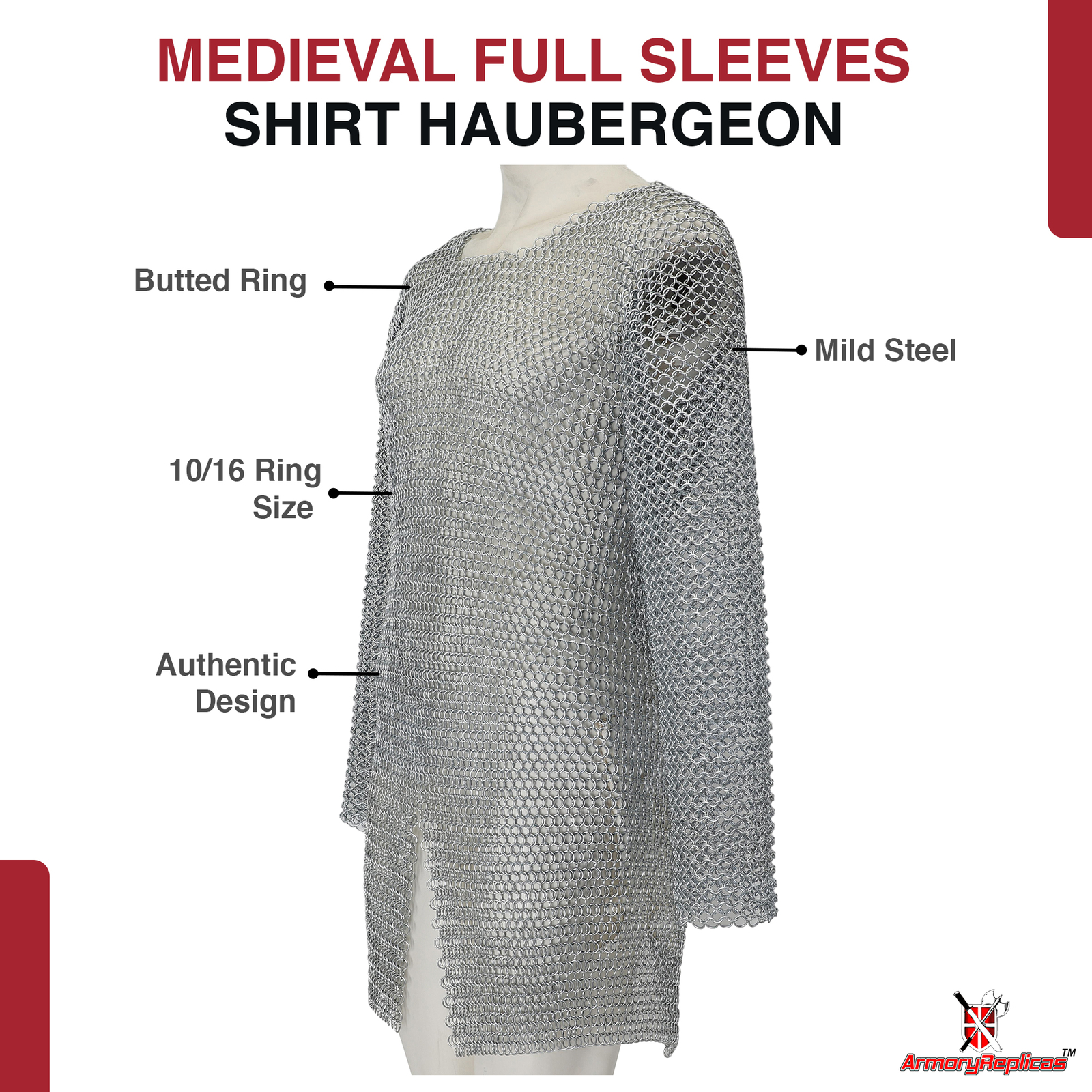 Chainmail Armor Full Sleeve Knight Shirt | Mild Steel Medieval Hauberk | 6 Color