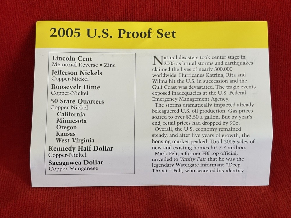2005 US Proof Set Divider Card Yellow Border