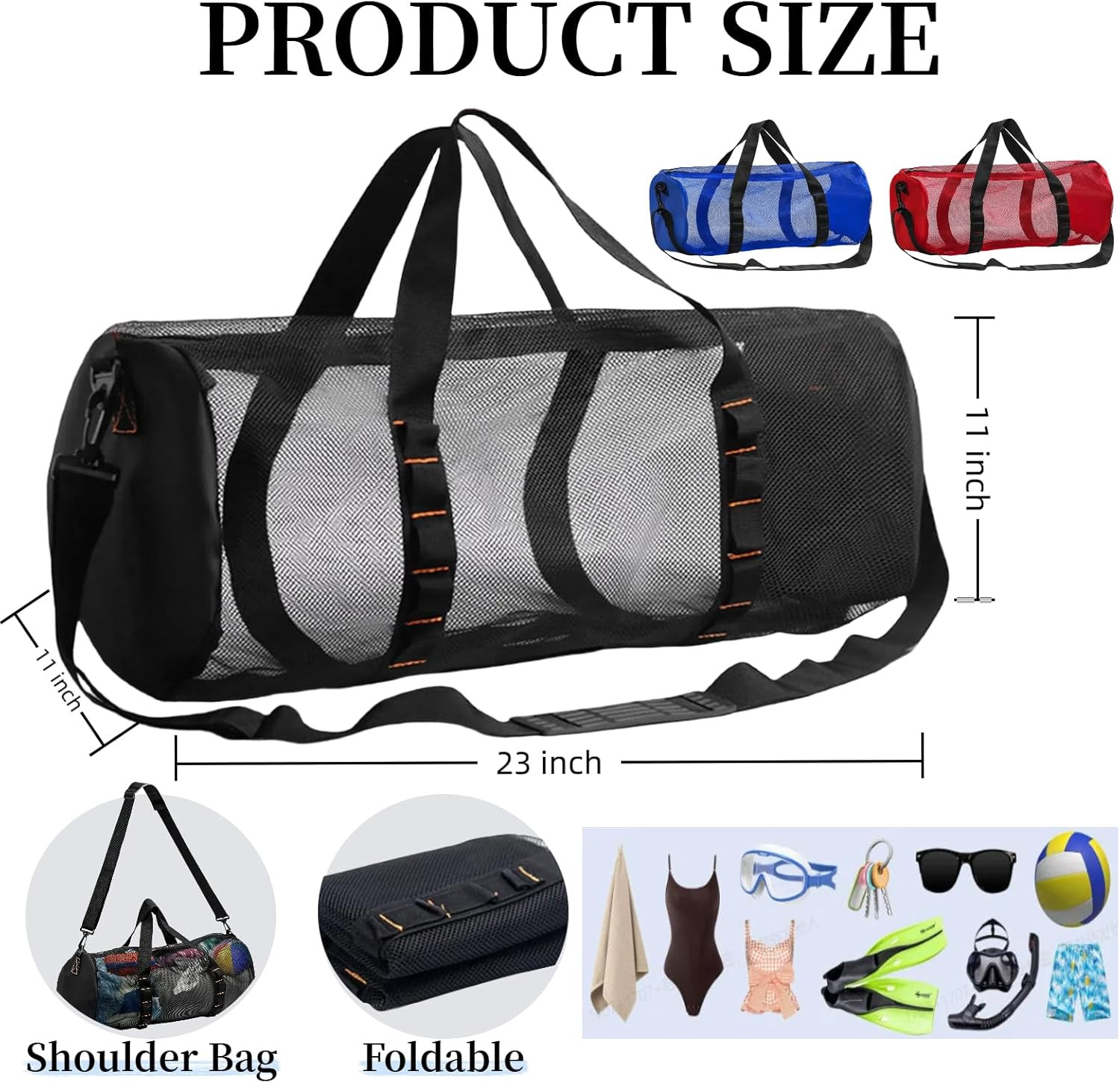 Diving Scuba Surfing Snorkeling Dive Mesh Beach Bag Duffle Bags with Zipper and