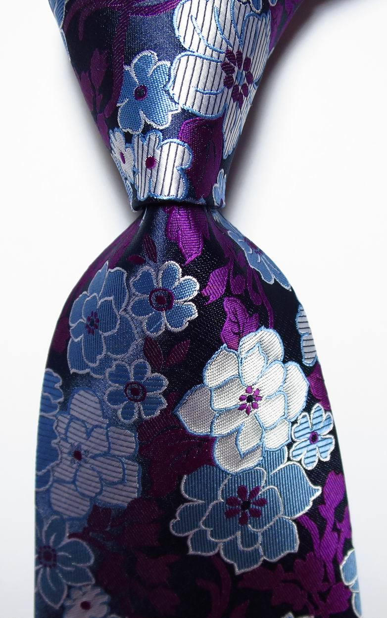 New Classic Floral Purple Blue White JACQUARD WOVEN 100% Silk Men's Tie Necktie