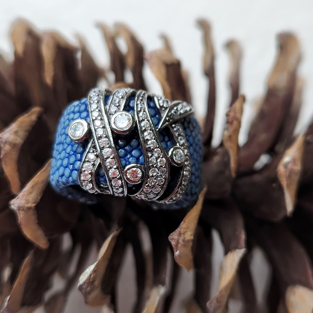 BLUE STINGRAY LEATHER, OXIDIZED STERLING SILVER, WTITE TOPAZ Adjustable Ring