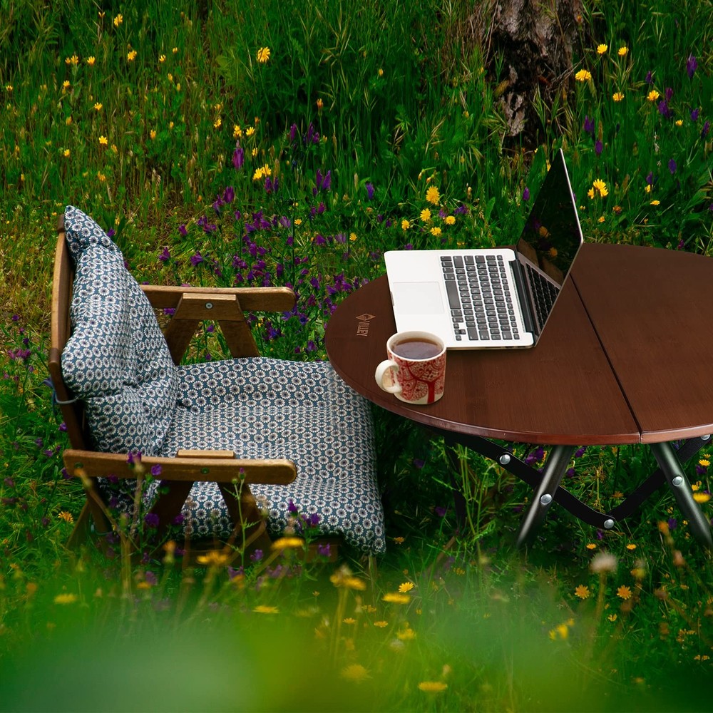 Bamboo Round Folding Table, Camping Half-fold Portable Table with Carrying Ba...