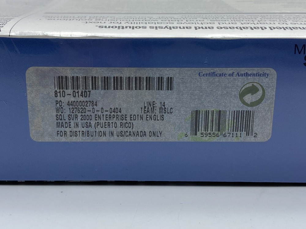 Microsoft SQL Server 2000, SKU 810-01407, Sealed Retail Box, 1-Processor License