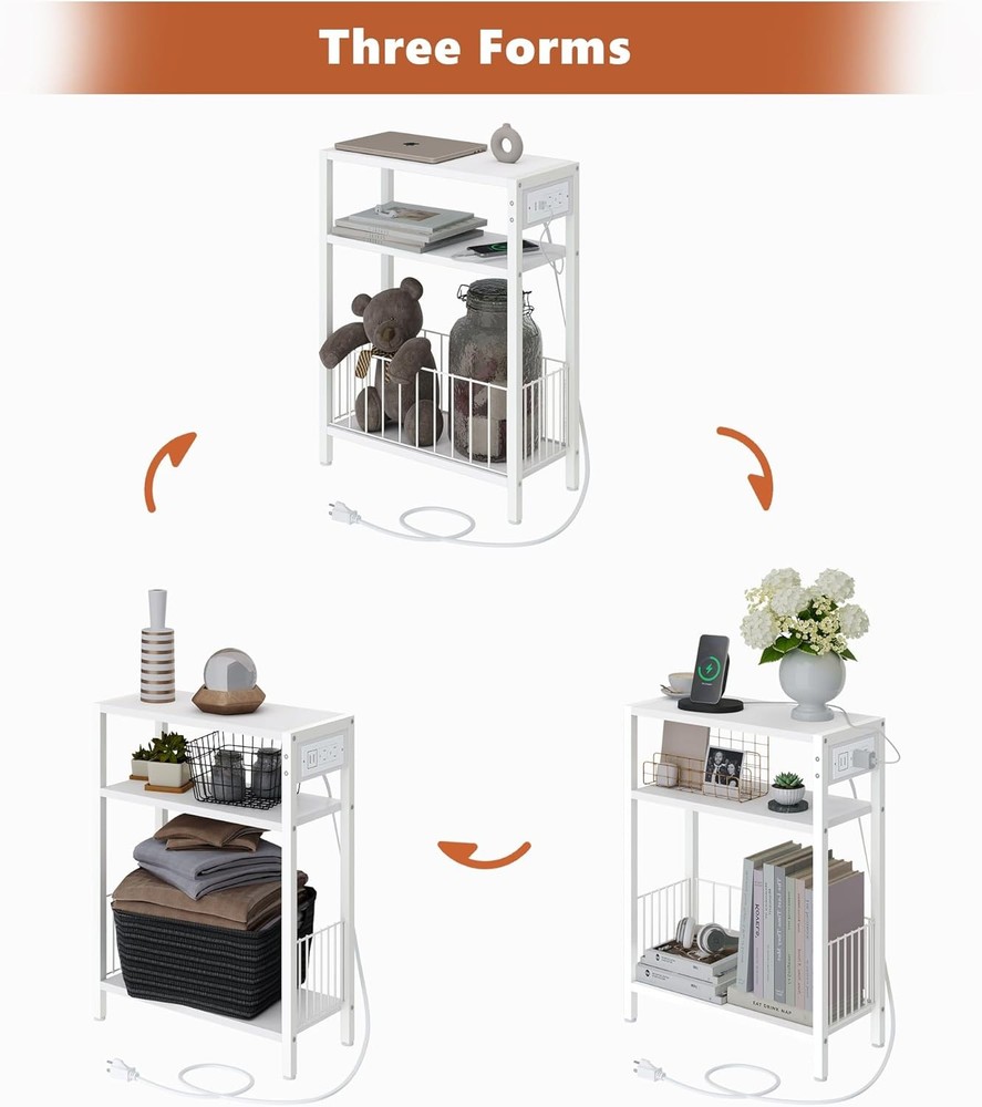 Narrow Side Table W/ Charging Station Small End Table Small Spaces Slim