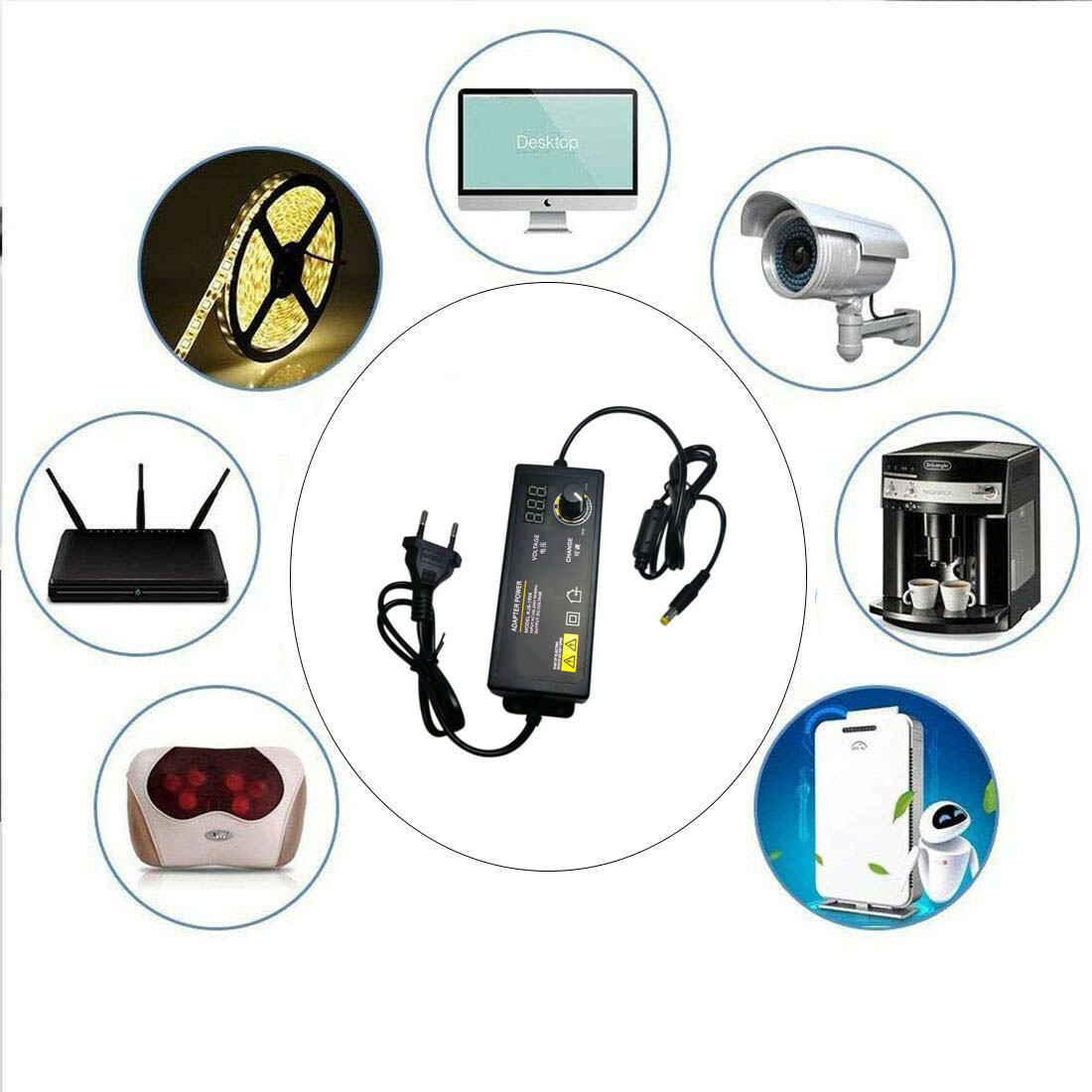 3V-24V 2.5A 60W Adjustable DC Power Supply Adapter Control Volt Display 8 Plugs