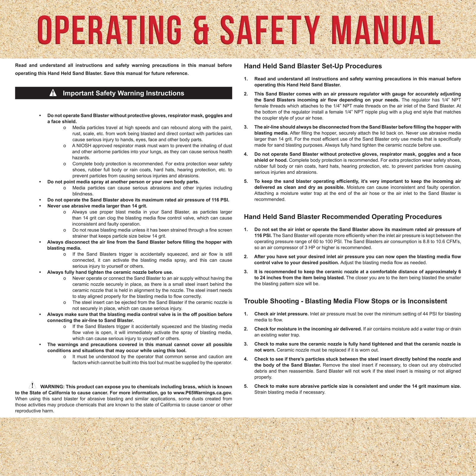 Gravity Feed Sand Blaster Gun Kit, Spray Blasting, 2 Ceramic Nozzles, Regulator