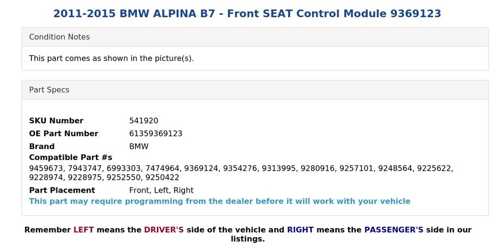 2011-2015 BMW ALPINA B7 - Front SEAT Control Module 9369123