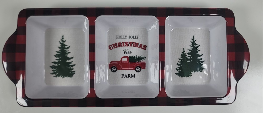 Divided Melamine Serving Tray ~ Holly Jolly Christmas Tree Farm ~ Three Sections
